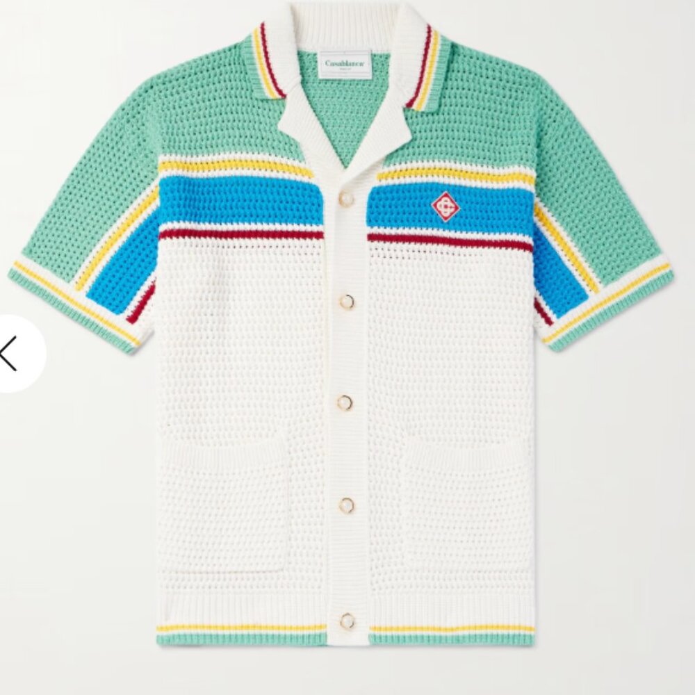 CASABLANCA Camp-Collar Logo-Appliquéd Striped Open-Knit Stretch-Cotton Shirt